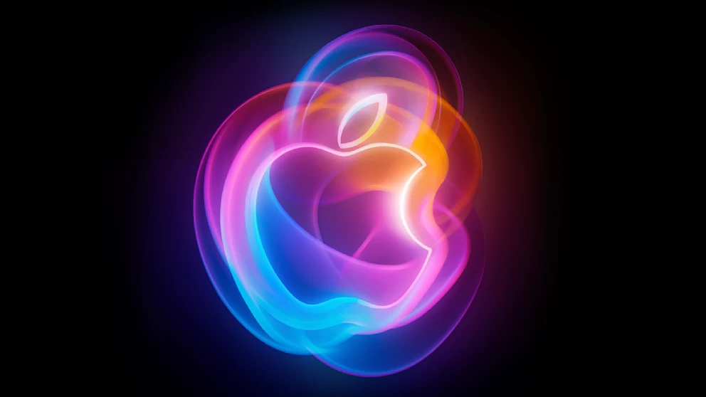 Dynamisches, leuchtendes Apple-Logo in Neonfarben - Visualisierung des Apple Events 2024 mit innovativen Produktneuheiten