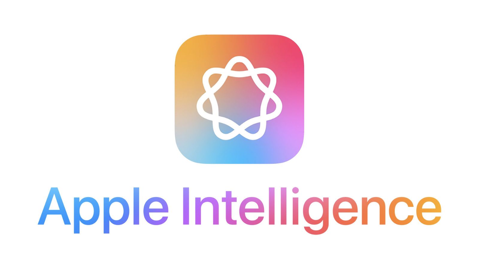 Apple Intelligence-Logo mit einem bunten Farbverlauf App-Symbol mit einem abstrakten Unendlichkeitssymbol und Text darunter