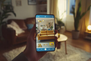 Eine Person hält ein Smartphone in einem gemütlich eingerichteten Wohnzimmer und nutzt eine AR-Shopping-App, um ein virtuelles gelbes Sofa in den Raum einzufügen. Die App zeigt verschiedene Möbeloptionen zur Auswahl, während die reale Umgebung im Hintergrund sichtbar bleibt.