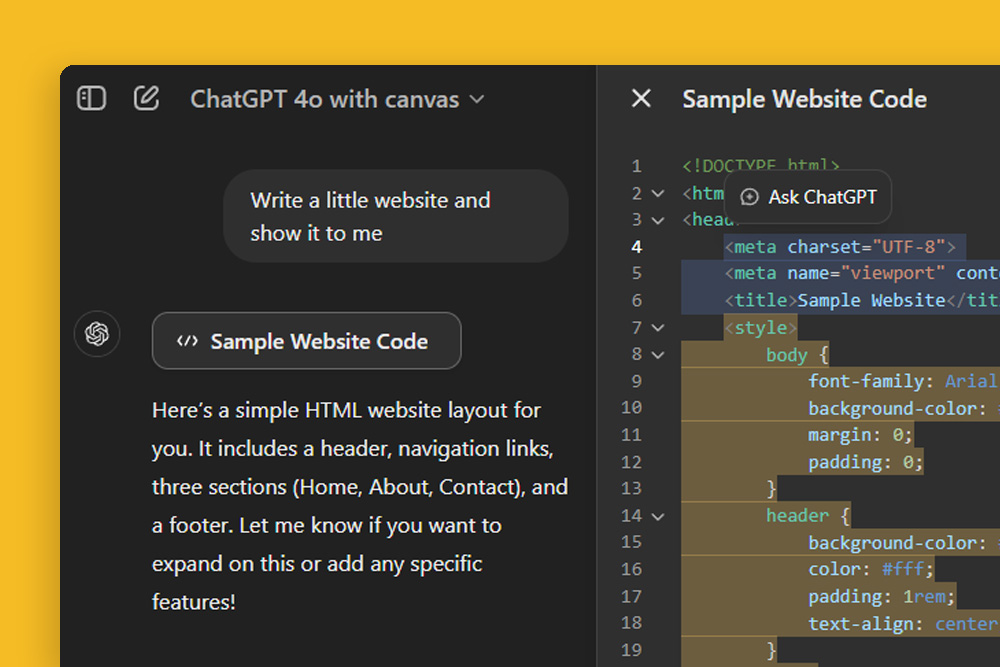 ChatGPT Canvas Interface zeigt Websitecode-Erstellung mit HTML und CSS in dunklem Modus, demonstriert die neue Kollaborationsfunktion von OpenAI für Entwickler.