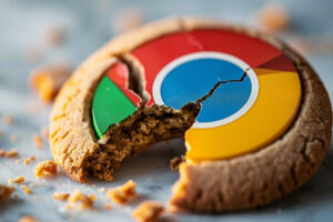 Angebrochener Cookie mit Google Chrome-Logo, symbolisiert Google's Entscheidung Third-Party Cookies in Chrome beizubehalten