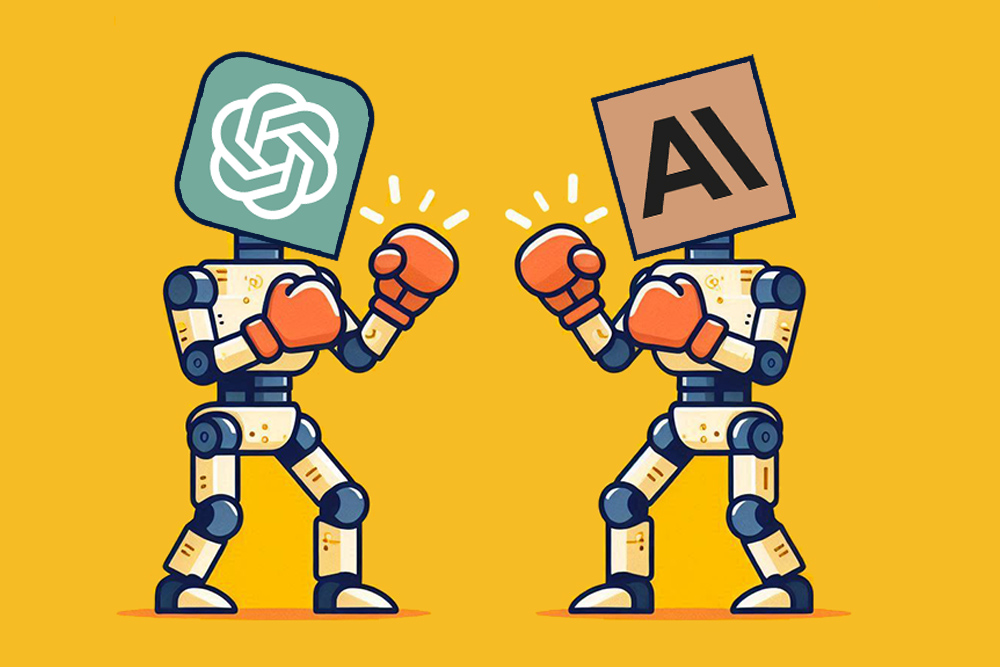 ChatGPT vs Claude AI Vergleich: Zwei Roboter mit KI-Logos in Boxerpose auf gelbem Hintergrund