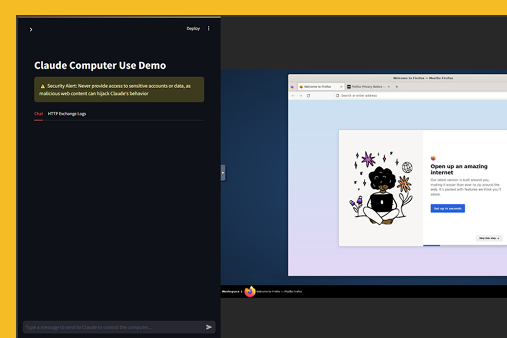 Anthropic Claude Computer Use Demo Interface - Ein geteilter Bildschirm zeigt links das dunkle Chat-Interface mit Sicherheitswarnung und rechts einen Firefox-Browser mit einer illustrierten Startseite. Die Demo veranschaulicht, wie Claude mit dem Computer interagieren kann.