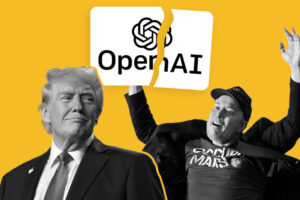 Donald Trump und Elon Musk neben einem zerrissenen OpenAI-Logo auf gelbem Hintergrund – Symbol für den Machtkampf und die Spannungen zwischen OpenAI und politischen sowie technologischen Kräften.