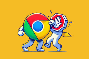 Google Chrome-Logo als Figur, die von einem Stop-Schild mit einer Hand darauf blockiert wird, symbolisiert Googles Werbeblocker-Änderung.