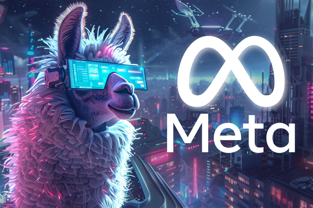 Futuristisches Llama mit VR-Brille vor Cyberpunk-Stadtkulisse, neben Meta-Logo - symbolisiert KI-Innovation und Meta's 3,1 405B Llama-Modell