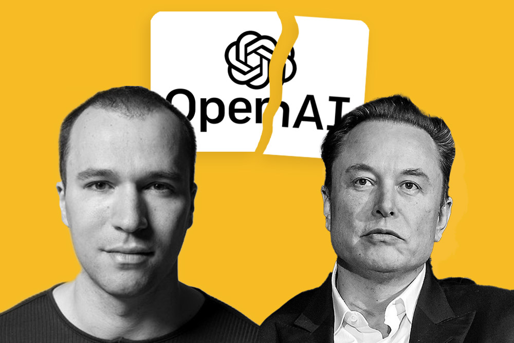 OpenAI-Logo zerbrochen über Porträts von Greg Brockman und Elon Musk, symbolisiert die Klage gegen OpenAI und Konflikt zwischen den Tech-Giganten auf gelbem Hintergrund.