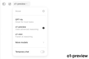 Screenshot der ChatGPT-Benutzeroberfläche, der das Dropdown-Menü für die Modellauswahl zeigt, in dem OpenAI o1-preview als die aktuelle Wahl hervorgehoben ist, die als „fortgeschrittene Argumentation“ beschrieben wird.