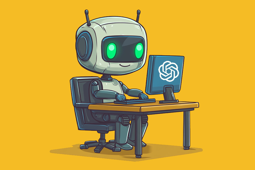 Ein Cartoon-Roboter mit leuchtend grünen Augen sitzt an einem Schreibtisch und arbeitet an einem Computer mit dem Logo von OpenAI. Der Roboter repräsentiert den OpenAI Operator, der Aufgaben und Interaktionen verwaltet.