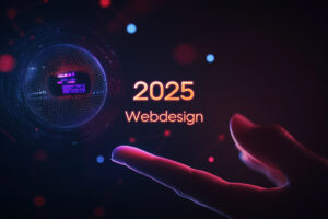 Futuristisches 3D-Artwork zu Webdesign Trends 2025: Eine leuchtende Datenkugel und geschwungene Neonlinien in Blau- und Rottönen vor dunklem Hintergrund, mit glühender Typografie im Cyber-Stil.