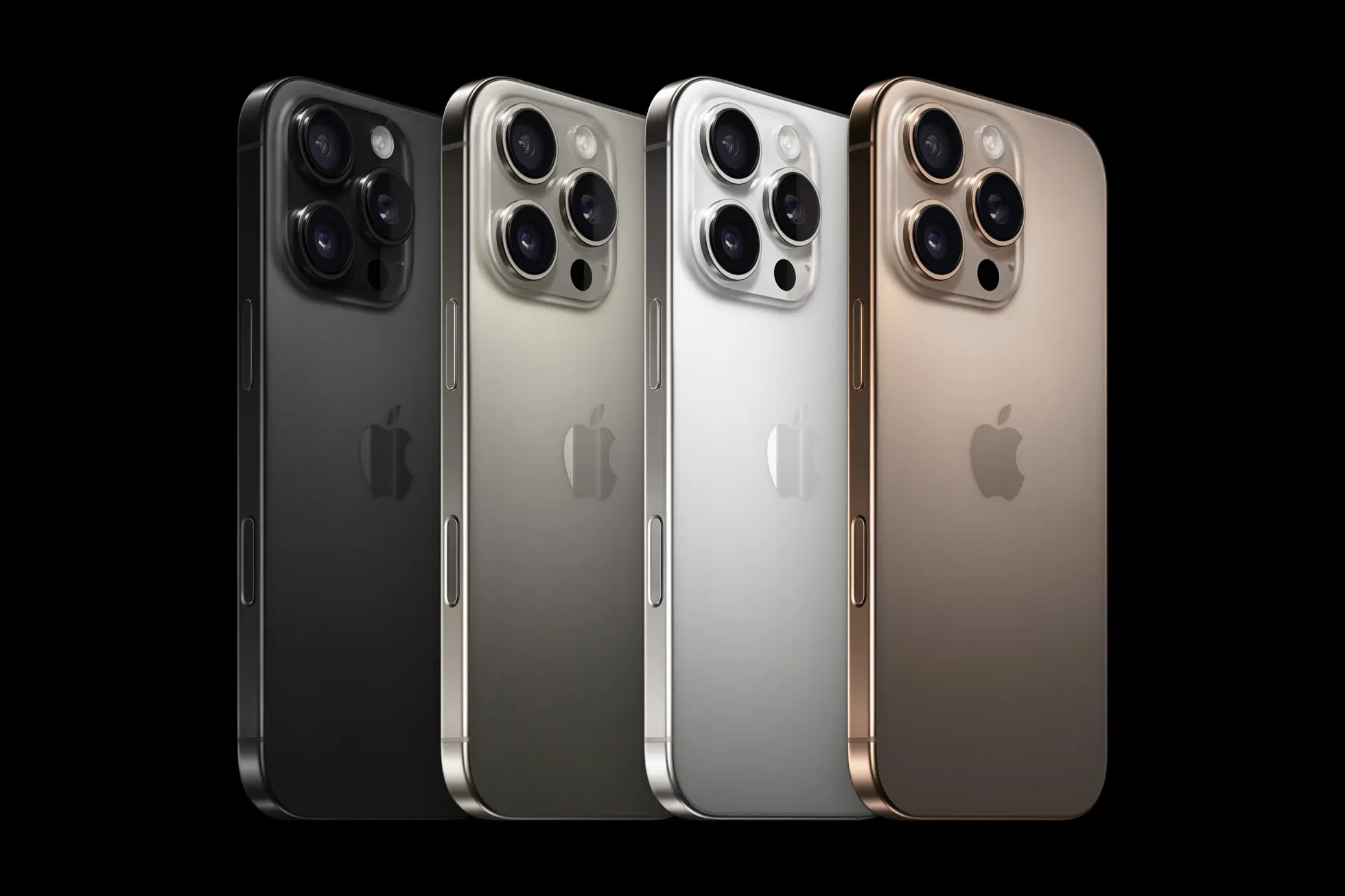 Vier iPhone 16 Pro-Modelle in verschiedenen Farben (Schwarz, Silber, Weiß und Gold), die das neue Triple-Kamera-System hervorheben, das auf dem Apple Event 2024 vorgestellt wurde