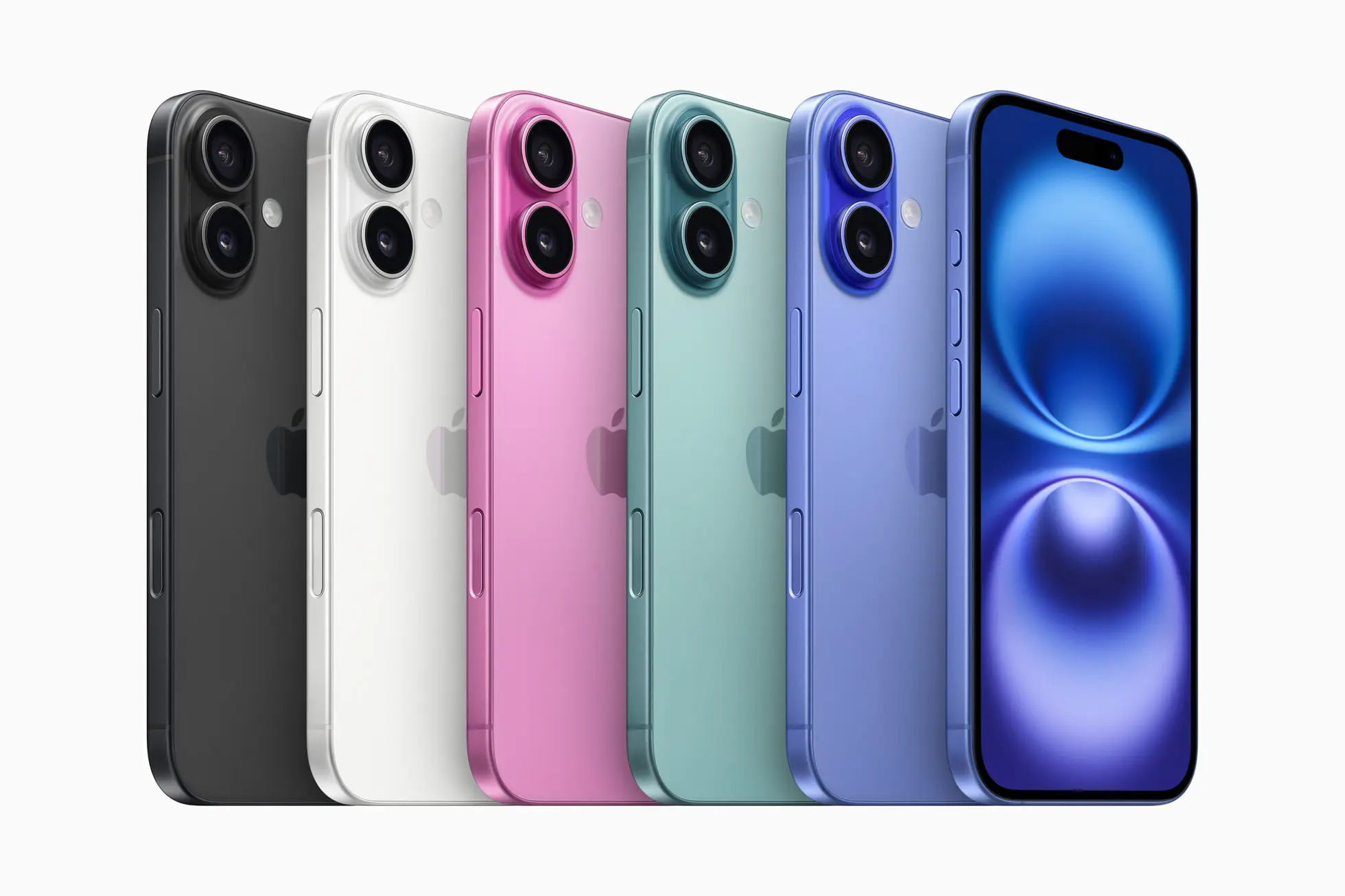 iPhone 16 Lineup in sechs Farben (schwarz, weiß, pink, grün, lila, blau) mit Dual-Kamera-System, präsentiert neue Design- und Farboptionen vom Apple Event 2024